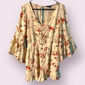 American Eagle Small Light Pink Floral Print Viscose Bell Sleeve Romper